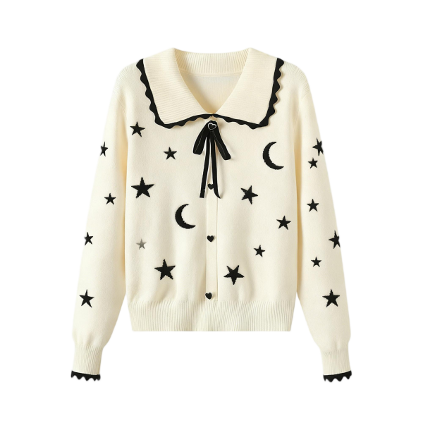 Women's Cream Peter Pan Collar Cardigan with Star & Moon Print