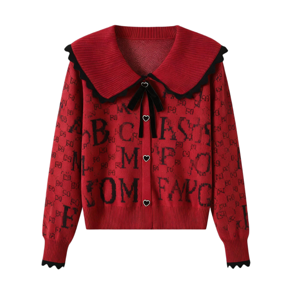 Women's Burgundy Peter Pan Collar Cardigan with All-Over Letter Print