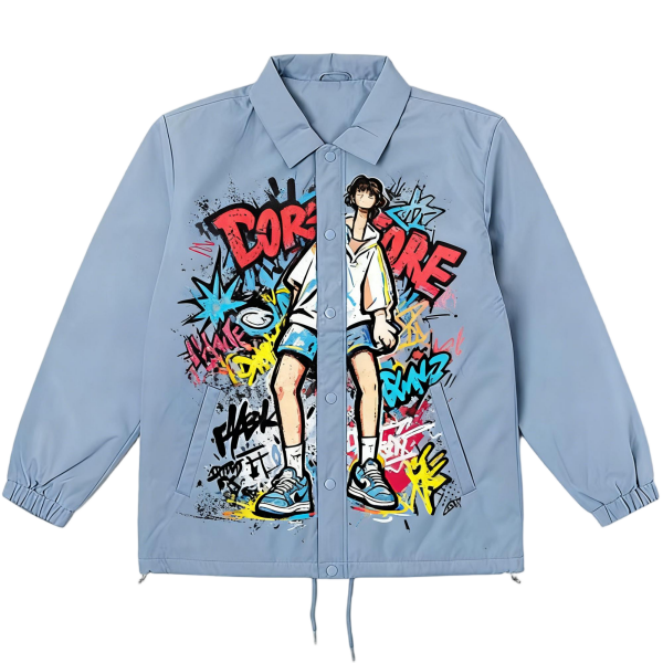 Light Blue Collared Jacket with Anime & Graffiti Print