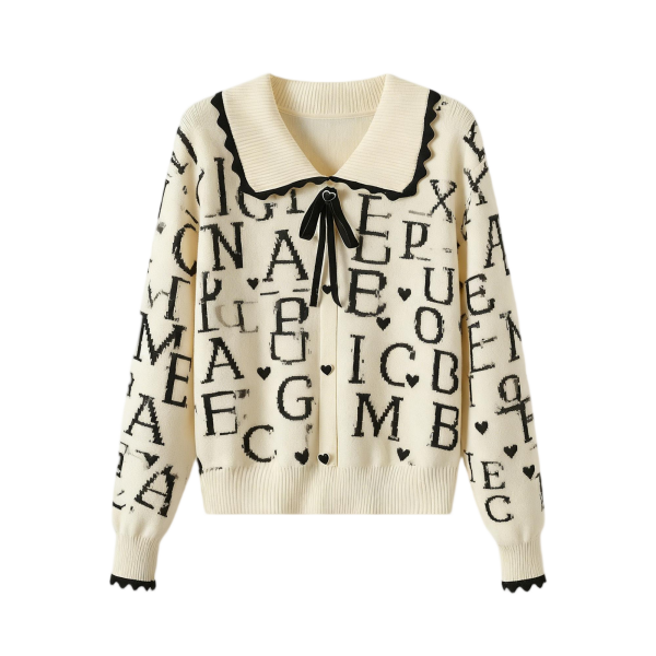 Women's Cream Peter Pan Collar Cardigan with Letter & Heart Print