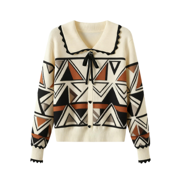 Women's Cream Peter Pan Collar Cardigan with Geometric Print